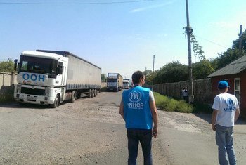 A convoy of 13 trucks carrying humanitarian aid arriving at Gorlovka in eastern Ukraine.