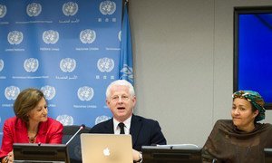 The head of the UN Department of Public Information, Cristina Gallach (left); Richard Curtis, film-maker and founder of the Project Everyone campaign (centre); and the Secretary-General's Special Adviser on Post-2015 Development Planning, Amina J. Mohammed, brief journalists on “The Global Goals Campaign.”