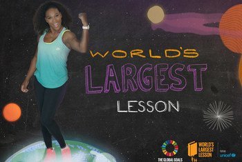 La championne de tennis Serena Williams se joint à l'UNICEF et à la campagne 'Global Goals' pour lancer la 'Plus grande leçon du monde'. Crédit : Campagne 'Global Goals'