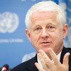 Filmmaker and founder of Project Everyone, Richard Curtis, briefs journalists on the Global Goals Campaign at UN Headquarters in New York.
