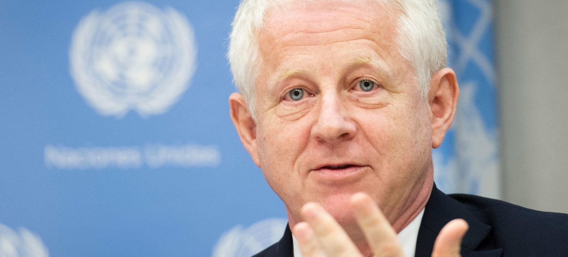 Filmmaker and founder of Project Everyone, Richard Curtis, briefs journalists on the Global Goals Campaign at UN Headquarters in New York.