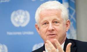 Filmmaker and founder of Project Everyone, Richard Curtis, briefs journalists on the Global Goals Campaign at UN Headquarters in New York.