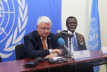 Peacekeeping chief Hervé Ladsous announcing at a press conference that the UN has established a weapons-free zone in the town of Bambari in the Central African Republic (CAR). Special Representative in CAR Parfait Onanga-Anyanga is at right.