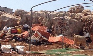 One of 7 structures demolished on 3 September 2015 by Israeli authorities in the East Tayba Bedouin community of the central West Bank, displacing 9 Palestinians, including 5 children, due to lack of Israeli-issued building permits.