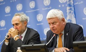 Under-Secretary-General for Peacekeeping Operations Hervé Ladsous briefs the press in New York At left is UN Spokesperson Stéphane Dujarric.