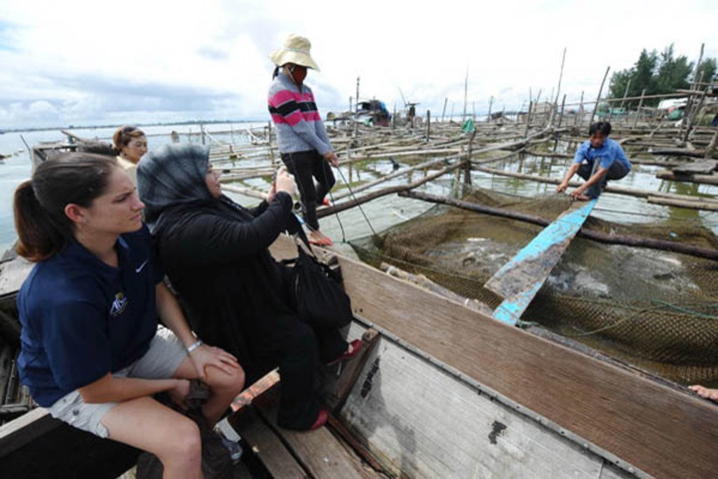 Visitantes em um barco observam uma fazenda de aquicultura em gaiolas de peixes em uma área costeira.