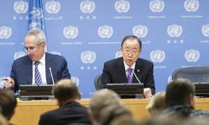 Secretary-General Ban Ki-moon addresses a press conference on the occasion of the start of the seventieth session of the General Assembly. At left is spokesperson Stéphane Dujarric.