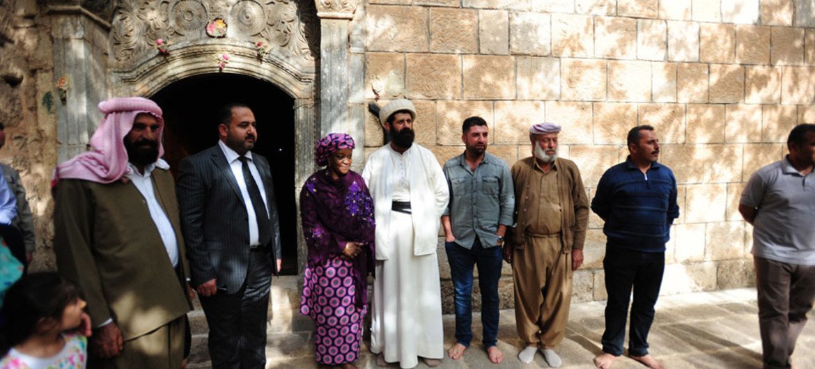 Special Representative on Sexual Violence in Conflict Zainab Hawa Bangura (third left) meeting with Yazidi leaders in Iraq during a visit in April 2015.