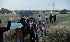 Mostly Syrian refugees crossing a stretch of wasteland between Hungary and Austria.