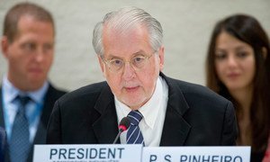 Chair of the Independent International Commission of Inquiry on Syria Paulo Sérgio Pinheiro addresses the UN Human Rights Council in Geneva.