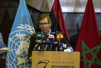 Special Representative for Libya Bernardino León speaks at a  press conference in Skhirat, Morocco.