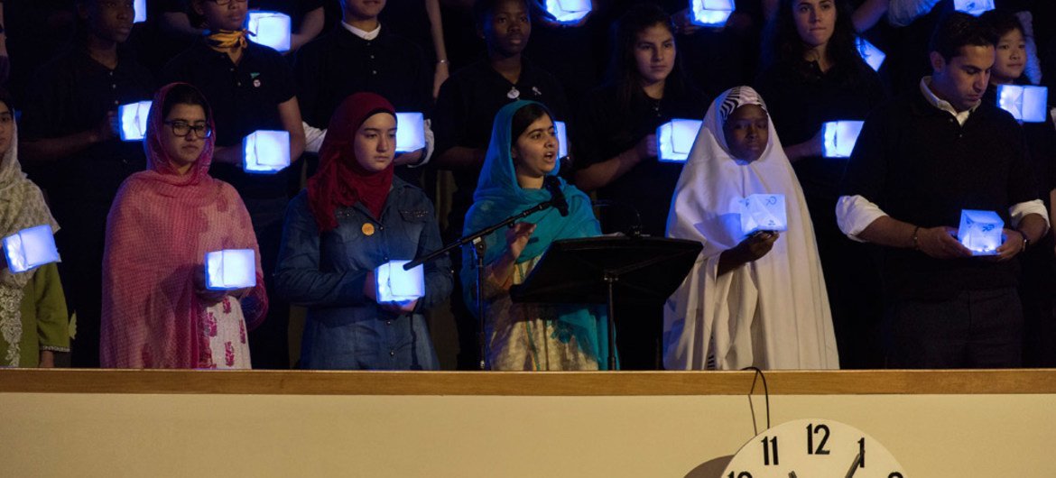 Education advocate Malala Yousafzai (third left) addresses the General Assembly during the opening day of the UN Sustainable Development Summit.
