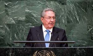 Le Président cubain Raul Castro devant l'Assemblée générale. Photo ONU/Amanda Voisard