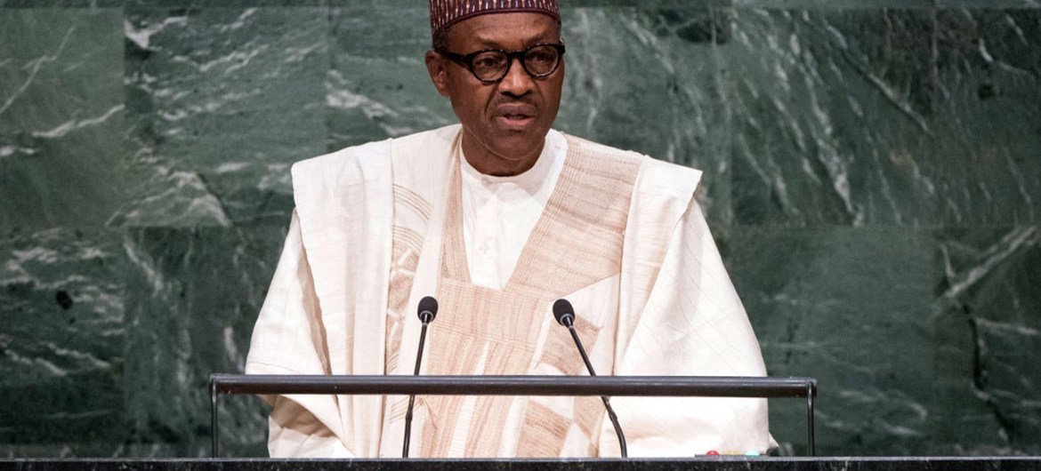 Le Président du Nigéria, Muhammadu Buhari, devant l'Assemblée générale. Photo ONU/Amanda Voisard