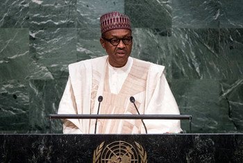 Le Président du Nigéria, Muhammadu Buhari, devant l'Assemblée générale. Photo ONU/Amanda Voisard