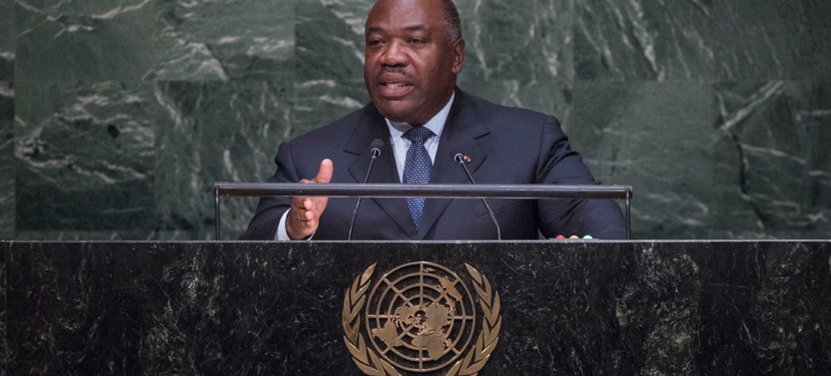 Le Président du Gabon Ali Bongo Ondimba devant l'Assemblée générale. Photo ONU/Amanda Voisard