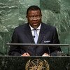 Namibian President Hage Geingob speaks at a podium bearing the United Nations logo, with a green marble wall in the background.