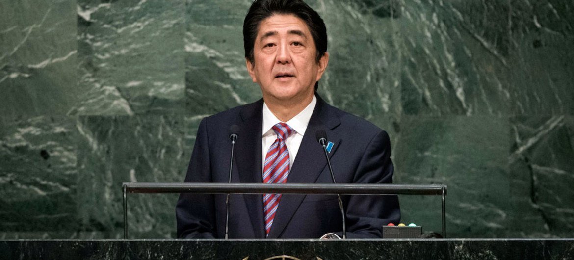 日本首相安倍晋三在70届联大一般性辩论中发言。联合国/Kim Haughton