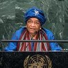 La présidente libérienne Ellen Johnson Sirleaf prononce un discours lors d'une réunion de l'Assemblée générale des ONU .