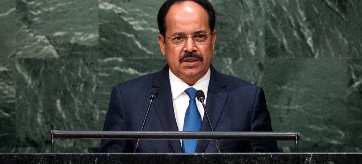 Le Ministre des affaires étrangères de la Mauritanie, Hamadi Ould Meimou devant l'Assemblée générale. Photo ONU/Cia Pak