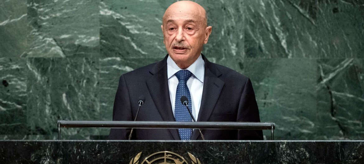 عقيلة صالح عيسى قويدر القائم بأعمال رئيس ليبيا، يلقي كلمة في المناقشة العامة للدورة السبعين للجمعية العامة. المصدر: الأمم المتحدة / أماندا فويسارد