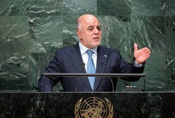 Le Premier ministre d'Iraq, Haider Al-Abadi, devant l'Assemblée générale. Photo ONU/Amanda Voisard