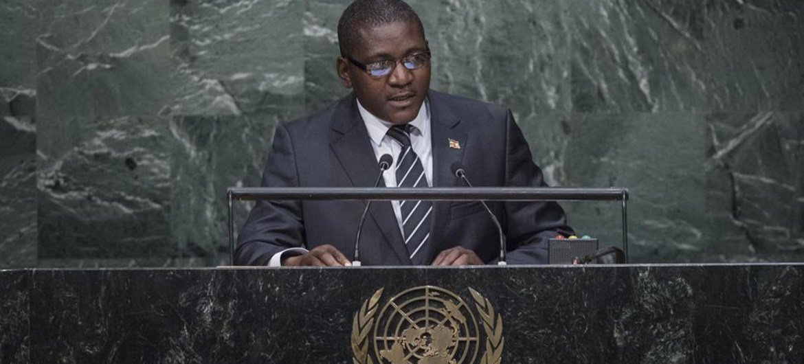 Le Ministre des affaires étrangères de République centrafricaine, Samuel Rangba, devant l'Assemblée générale. Photo ONU/Amanda Voisard