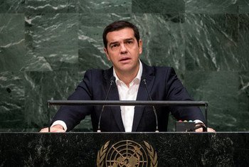Le Premier ministre de Grèce, Alexis Tsipras, devant l'Assemblée générale. Photo ONU/Cia Pak