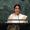 La Ministre des affaires étrangères de l'Inde, Sushma Swaraj, devant l'Assemblée générale. Photo ONU/Cia Pak