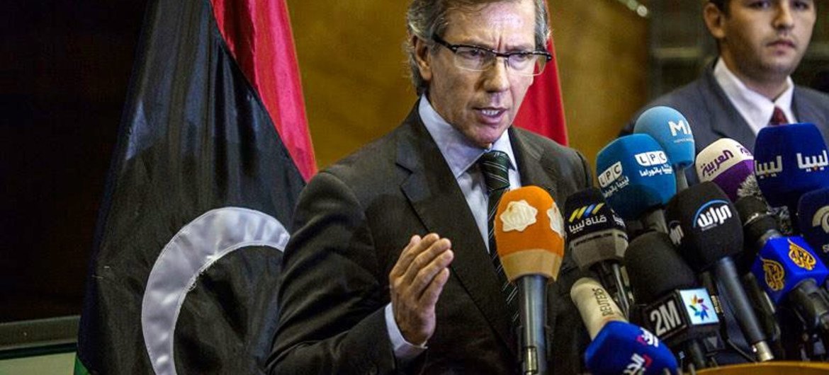 Special Representative for Libya Bernardino León speaks at a press conference in Skhirat, Morocco.