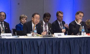 Secretary-General Ban Ki-moon (second left) speaks at Climate Finance Ministerial lunch in Lima, Peru.