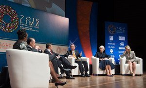 Secretary-General Ban Ki-moon delivers speech at Interactive Panel Discussion entitled "From Today to 2030". The event is part of the 2015 Annual Meetings of the Boards of Governors of the World Bank Group (WB) and the International Monetary Fund (IMF) in Lima, Peru.