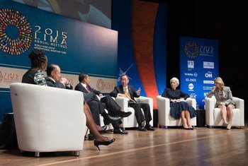 Secretary-General Ban Ki-moon delivers speech at Interactive Panel Discussion entitled "From Today to 2030". The event is part of the 2015 Annual Meetings of the Boards of Governors of the World Bank Group (WB) and the International Monetary Fund (IMF) in