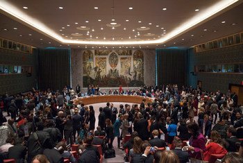 Delegates in the Security Council Chamber before the start of an all-day open debate on women, peace and security to review implementation of resolution 1325, the first resolution of the Council to address the disproportionate and unique impact of armed c