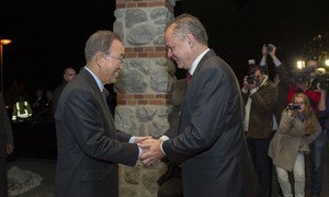 Secretary-General Ban Ki-moon meets with the President of Slovakia, Andrej Kiska, during a visit to the country on 18 October 2015. UN