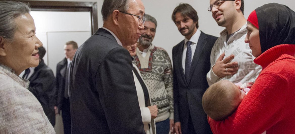 Secretary-General Ban Ki-Moon and Mrs Ban with a Syrian family on their visit to Humanitarian Centre in Gabcikovo, with Mr. Robert Kalinak, Deputy Prime Ministrer and Minister of Interior and Mrs. Johanna Mikl-Leitner, Minister of Interior of Austria