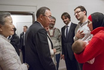 Secretary-General Ban Ki-Moon and Mrs Ban with a Syrian family on their visit to Humanitarian Centre in Gabcikovo, with Mr. Robert Kalinak, Deputy Prime Ministrer and Minister of Interior and Mrs. Johanna Mikl-Leitner, Minister of Interior of Austria