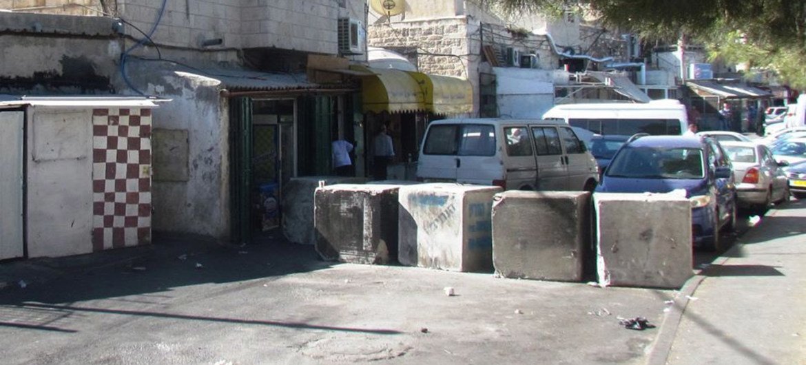In At Tur, near Al Maqassad hospital in East Jerusalem, one of several roadblocks, placed by Israeli forces in October 2015 in Palestinian neighbourhoods, as the wave of violence across the occupied Palestinian territory and Israel continued.