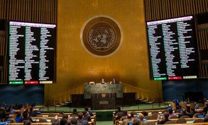 The General Assembly adopted for the twenty-fourth consecutive year a resolution calling for an end to the United States economic, commercial and financial embargo on Cuba. A tally of the vote is displayed electronically on two screens.