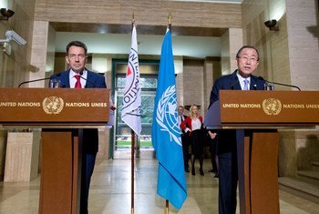 Secretary-General Ban Ki-moon (right) at press encounter with the President of the International Committee of the Red Cross Peter Maurer.
