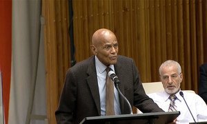 UNICEF Good Will Ambassador, Harry Belafonte,  addresses event “Confronting Silence Perspectives and Dialogue on Structural Racism against people of African Descent Worldwide,” November 3, 2015. Video capture UN TV