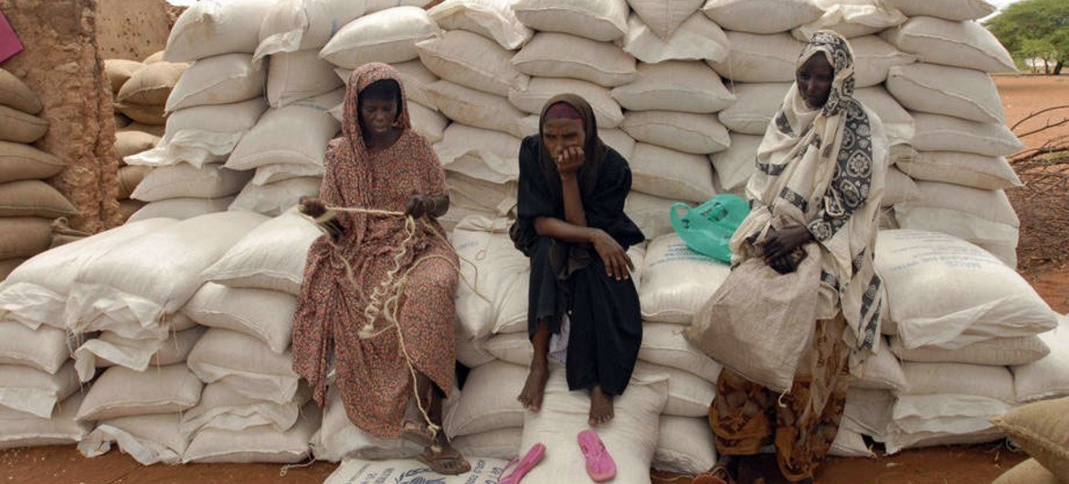 A group of women sit on sacks of rice and maize in Wajir, Kenya.
