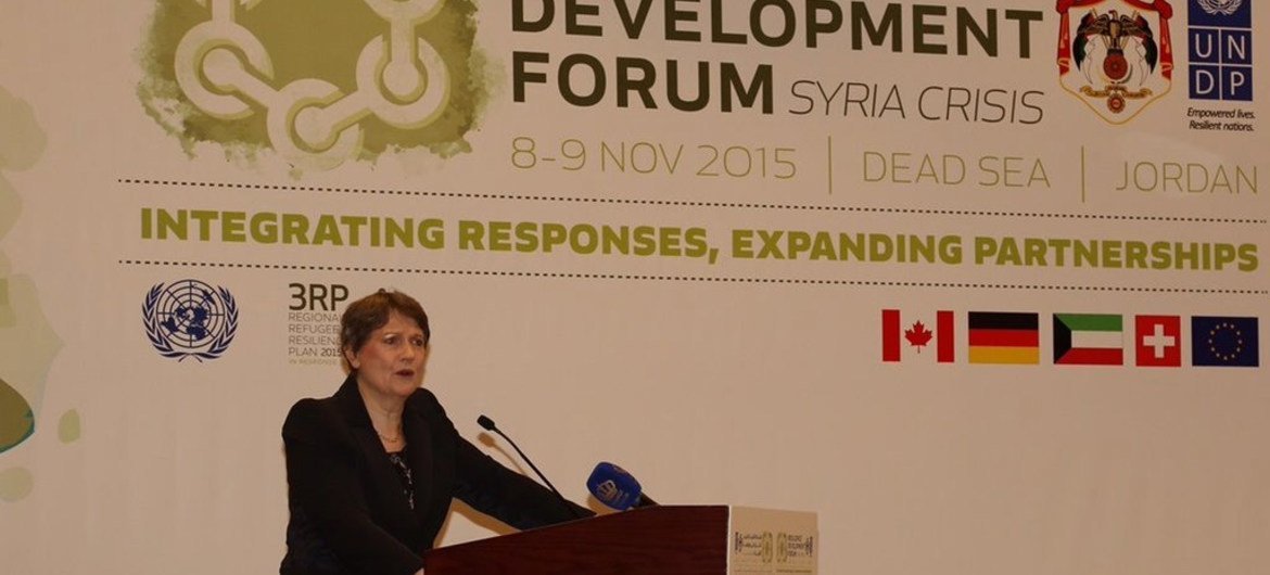 Administrator of the UN Development Programme (UNDP) Helen Clark addresses the Resilience Development Forum on the shores of the Dead Sea in Jordan.