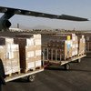 世卫组织捐赠的超过76吨赈灾医药物资抵达也门萨那机场。世卫组织图片。