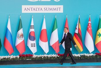 Le Secrétaire général Ban Ki-moon arrive au Sommet du G20 à Antalya, en Turquie,le 15 novembre 2015. Photo ONU/ Eskinder Debebe