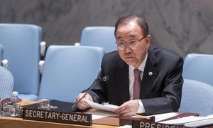 Le Secrétaire général Ban Ki-moon devant le Conseil de sécurité. Photo ONU/Cia Pak