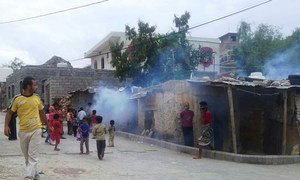 WHO and Health Office in Taiz, Yemen, conduct mosquito spraying campaign in Sala, Al-Mothafar and Al-Qahera districts for dengue fever control.
