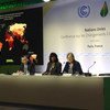 At COP21, Ertharin Cousin, WFP’s Executive Director (centre) launches the UN agency’s new tool – the “Food Insecurity and Climate Change Vulnerability map.” 1 December 2015.