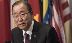 Secretary-General Ban Ki-moon briefs the press at UN Headquarters in New York.