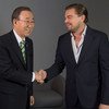 United Nations Secretary-General Ban Ki-moon and UN Messenger of Peace Leonardo DiCaprio meet on the margins of the UN climate change conference in Paris, France. 5 December 2015.